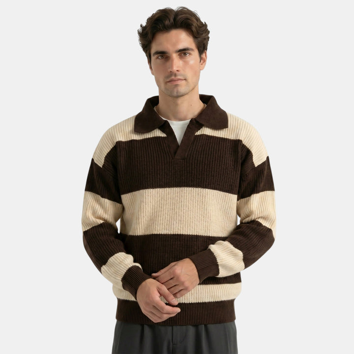 Men's Striped Knit Polo Sweater Loose Fit Collared Ribbed Knitted Casual Smart-Casual Layering Everyday Rafael