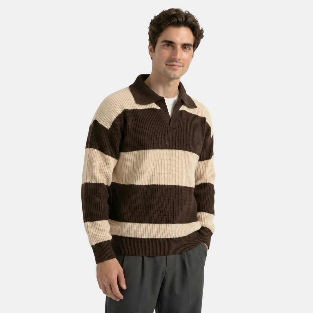 Men's Striped Knit Polo Sweater Loose Fit Collared Ribbed Knitted Casual Smart-Casual Layering Everyday Rafael