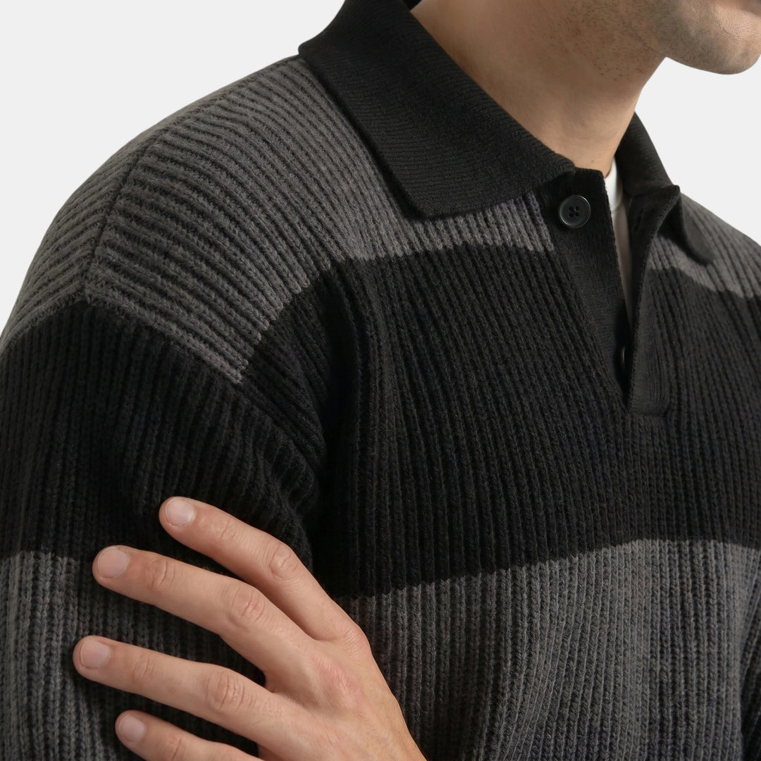 Men's Striped Knit Polo Sweater Loose Fit Collared Ribbed Knitted Casual Smart-Casual Layering Everyday Rafael