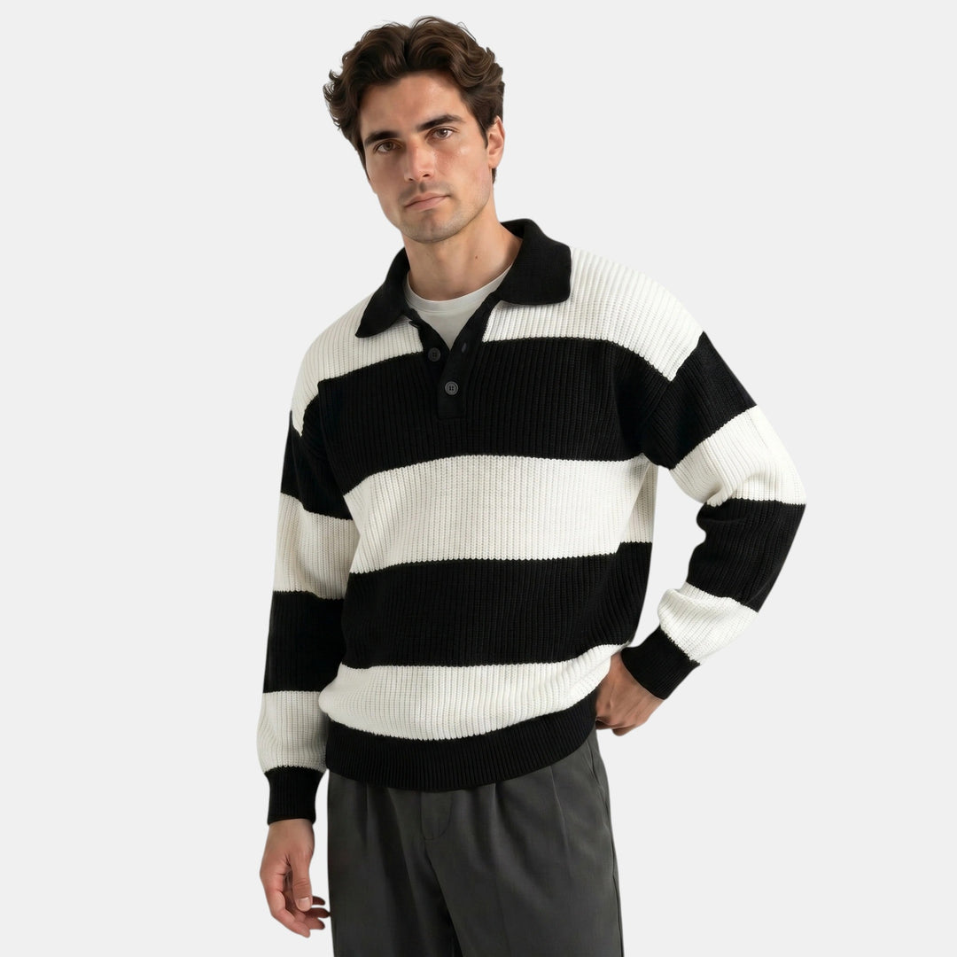 Men's Striped Knit Polo Sweater Loose Fit Collared Ribbed Knitted Casual Smart-Casual Layering Everyday Rafael