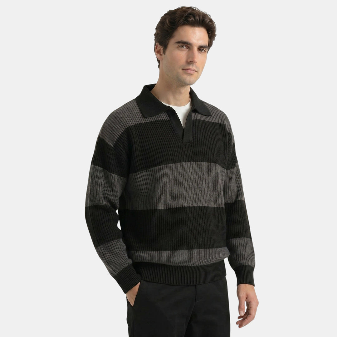 Men's Striped Knit Polo Sweater Loose Fit Collared Ribbed Knitted Casual Smart-Casual Layering Everyday Rafael