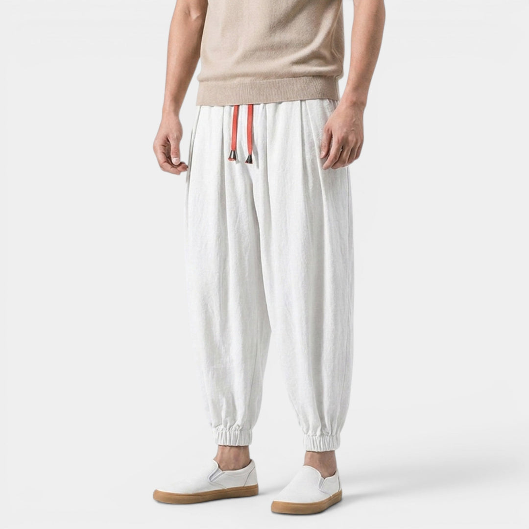 Men's Linen Blend Trousers Loose Fit Drawstring Elastic Waist Breathable Holiday Beach Casual Everyday Grayson