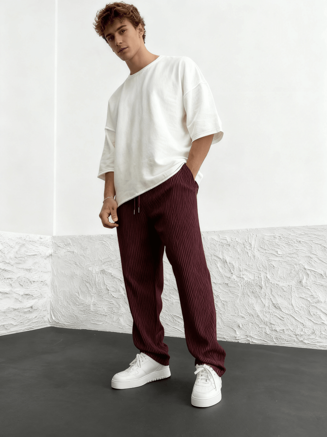Men's Wide-Leg Pants Baggy Stretch Waist Relaxed Fit Casual Everyday